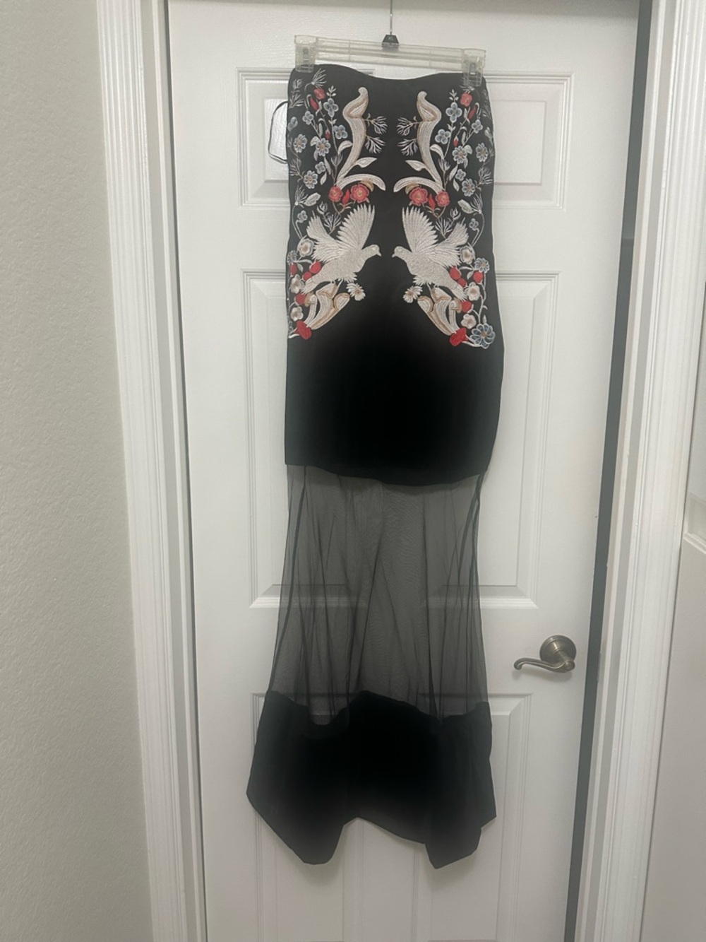 Black velvet Dress with embroidered doves Detail Alexander McQueen vibes !!!!